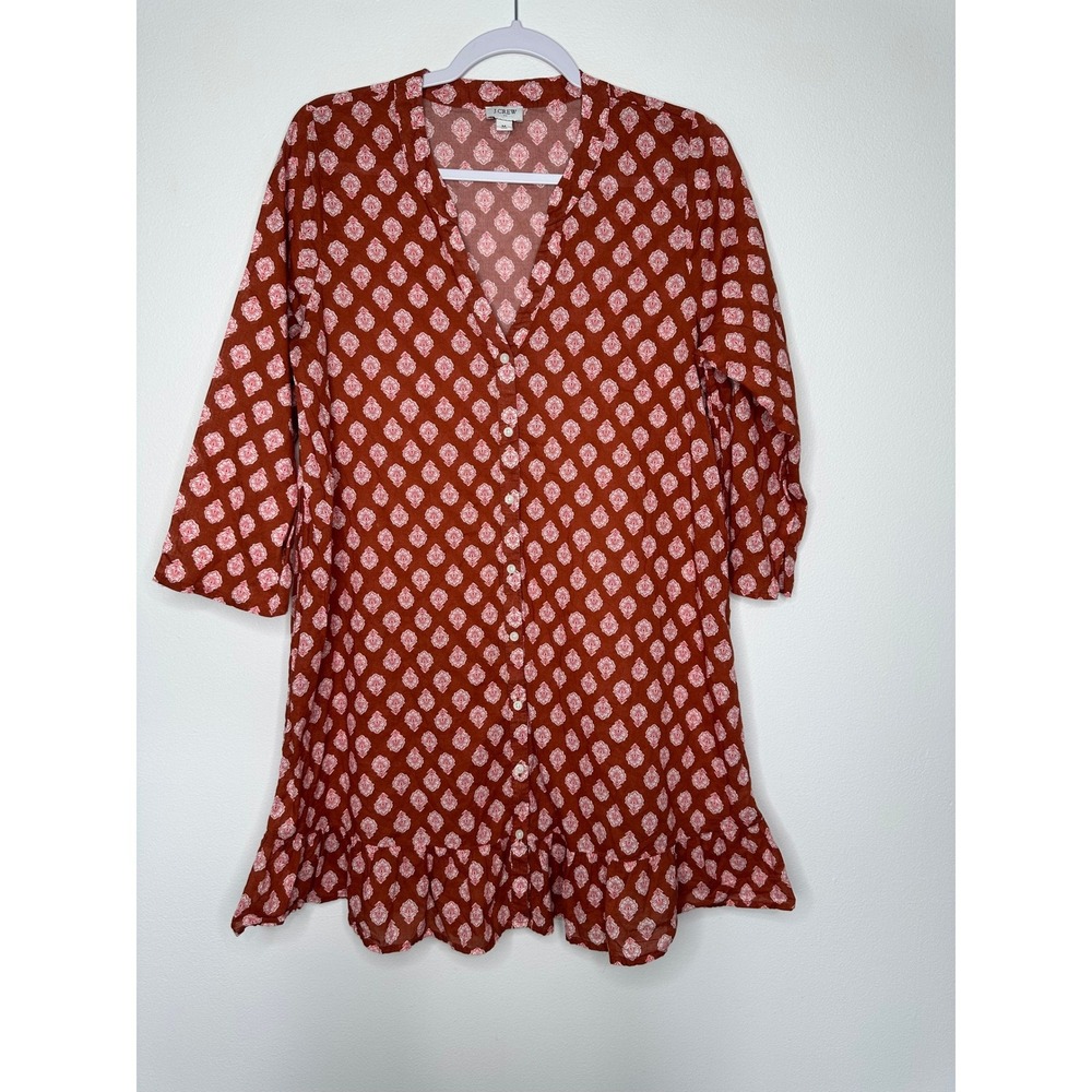J Crew Tunic Top Block Print Cotton Ruffle Hem Terra Blaze Red Medium